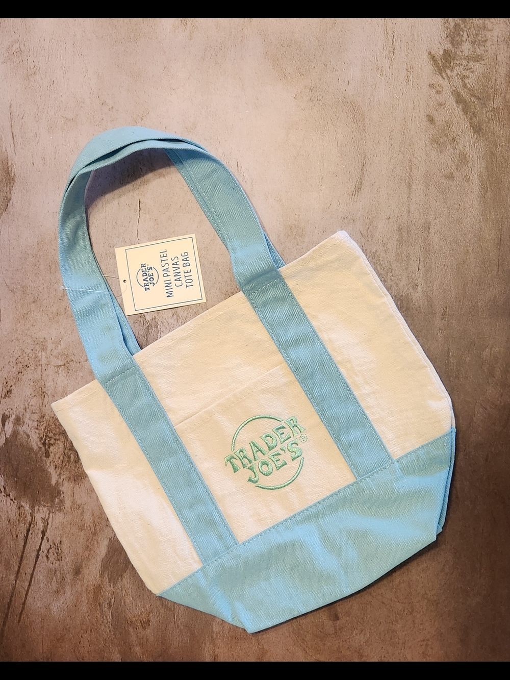 Trader Joe's Mini Canvas Tote Bag in Light Blue and Cream